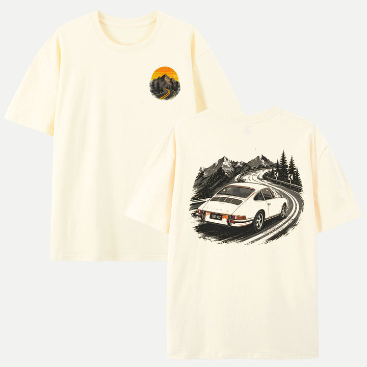 Vintage Sports Car Mountain Pass Double-Sided Graphic T-Shirt