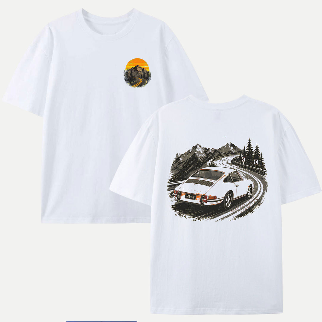 Vintage Sports Car Mountain Pass Double-Sided Graphic T-Shirt