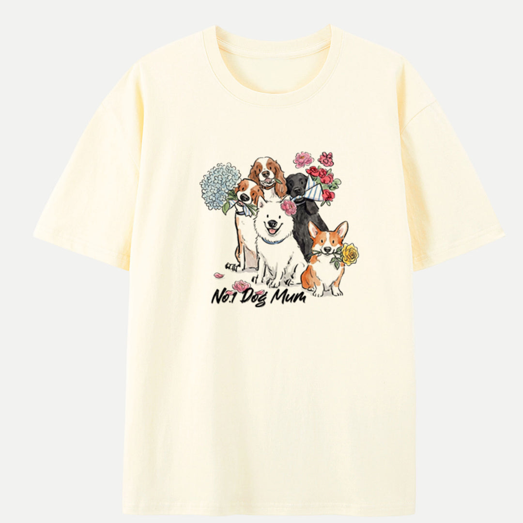 Cute Floral Dogs "No.1 Dog Mum" Graphic T-shirt