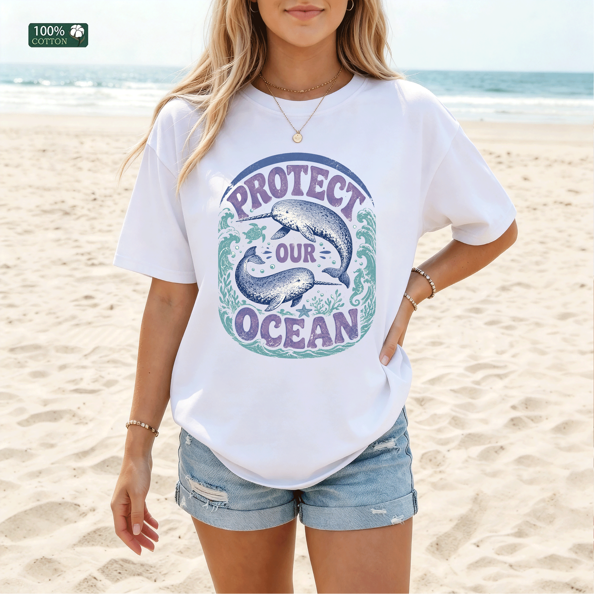 Protect Our Ocean whale graphic T-shirt on white cotton tee