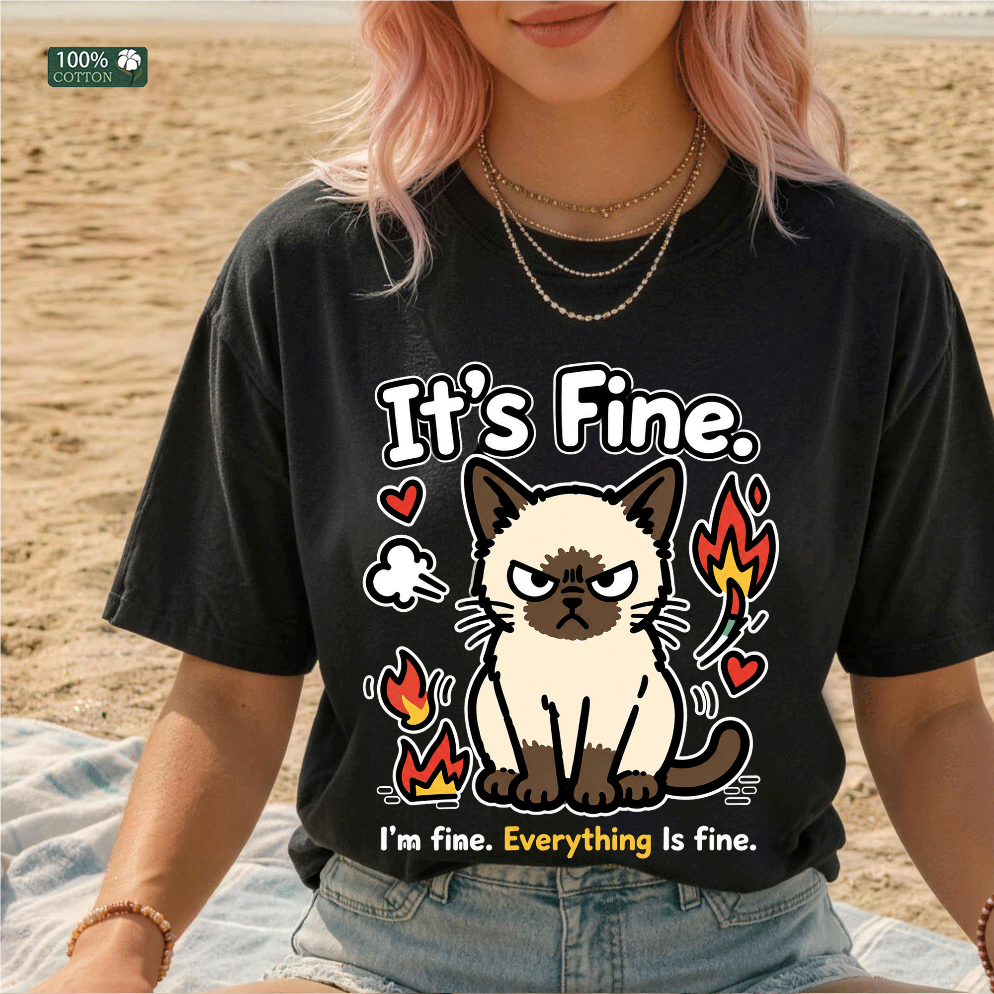 It’s Fine Cat Graphic T-shirt, Funny Mood Tee
