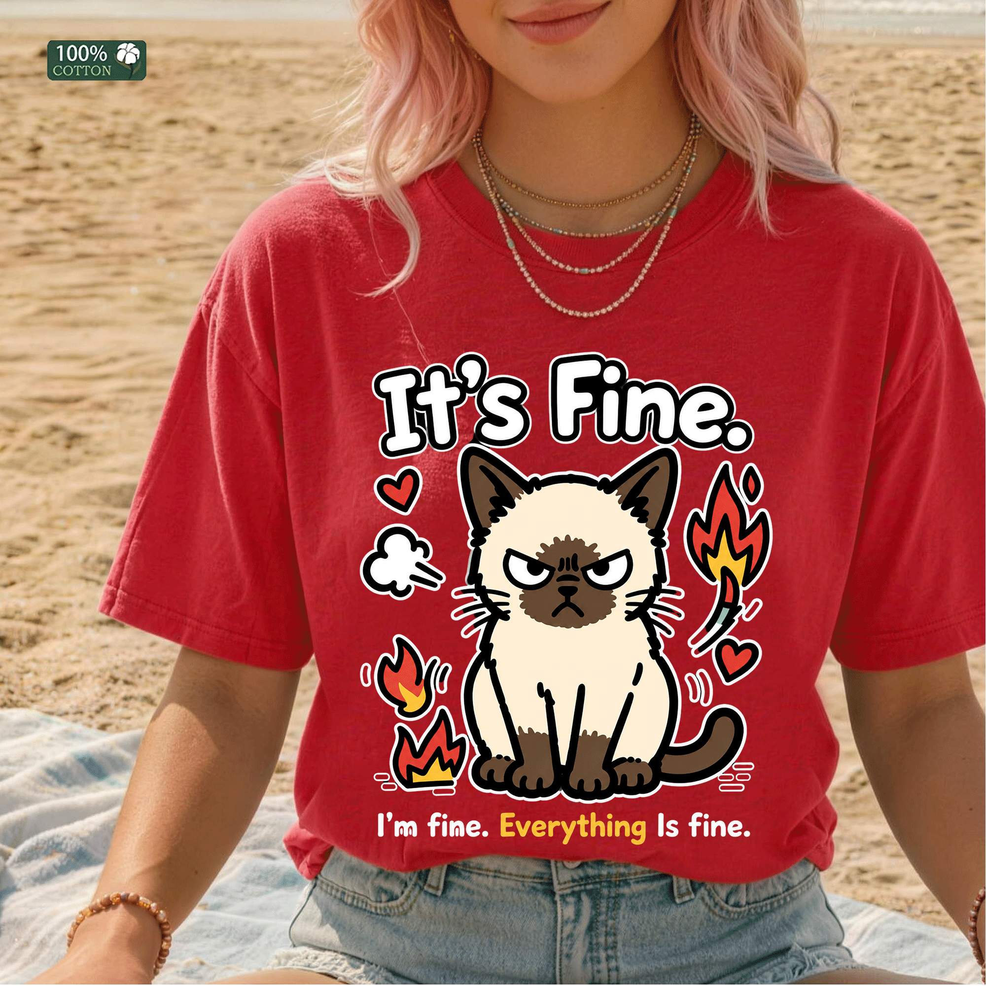 It’s Fine Cat Graphic T-shirt, Funny Mood Tee