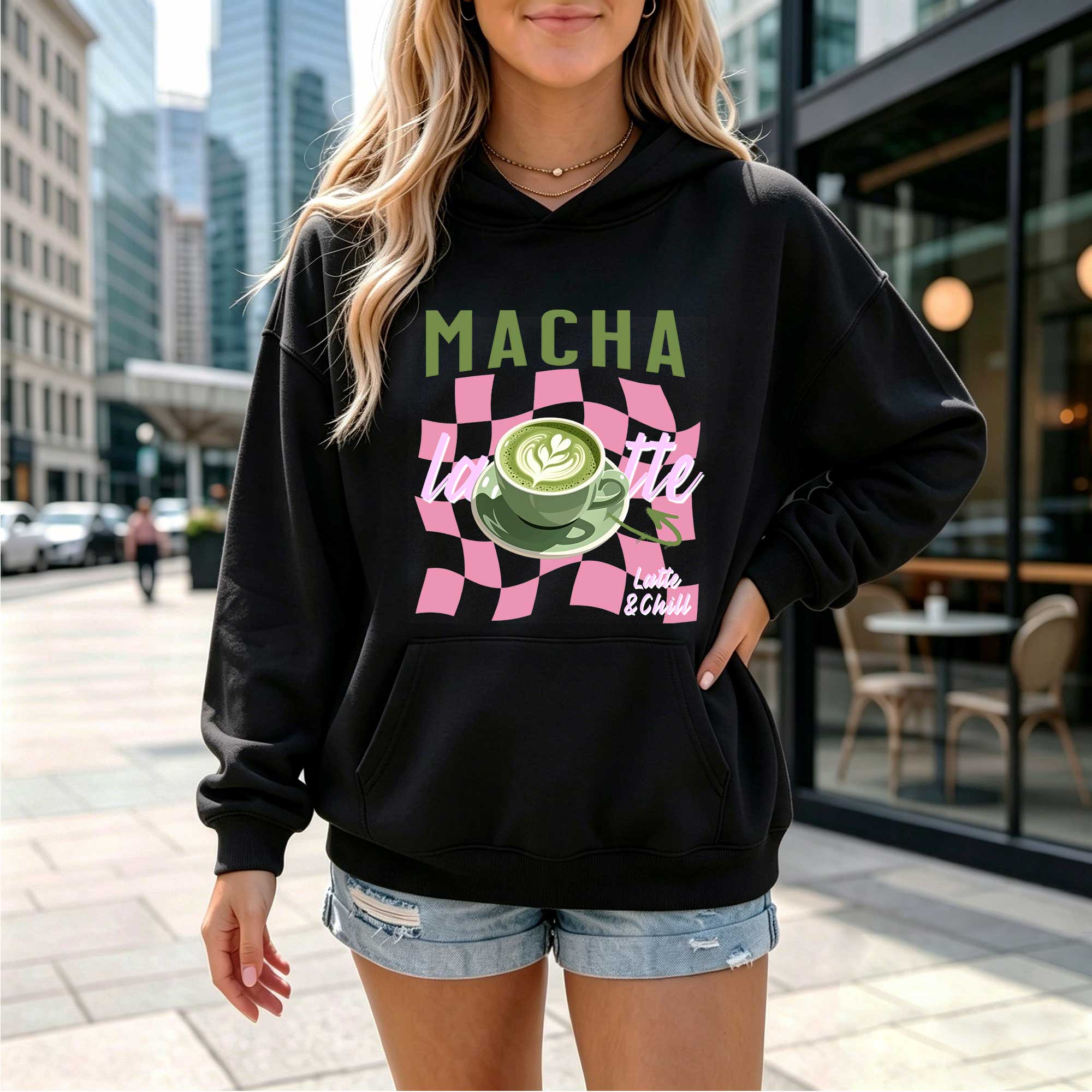 Retro Matcha "Macha Latte & Chill" Graphic Hoodie