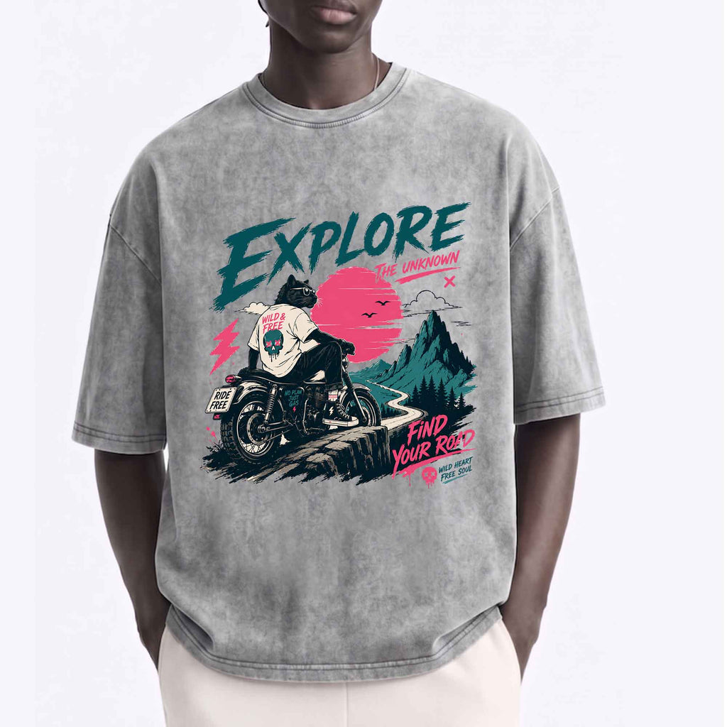 Funny Cool Cat Biker "Explore" Graphic T-shirt