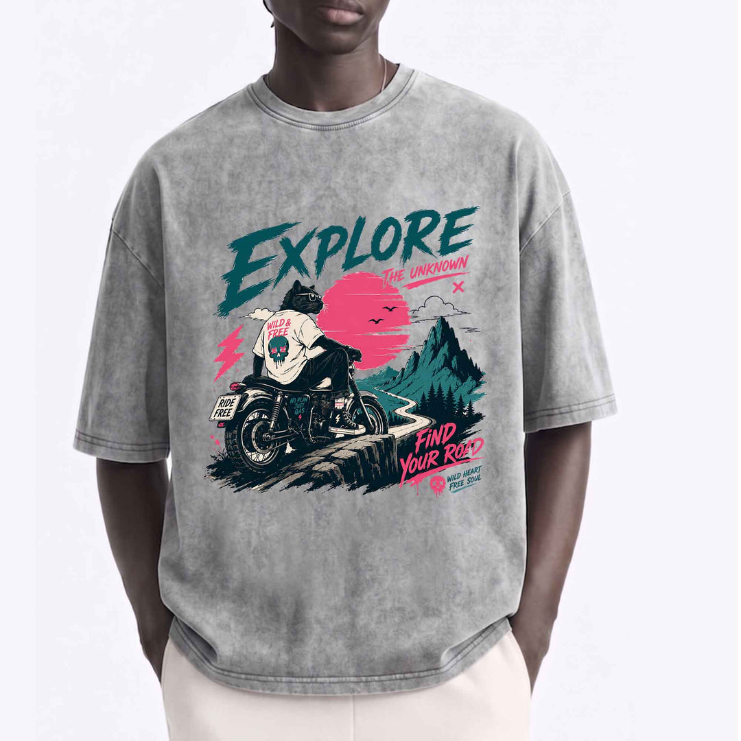 Funny Cool Cat Biker "Explore" Graphic T-shirt