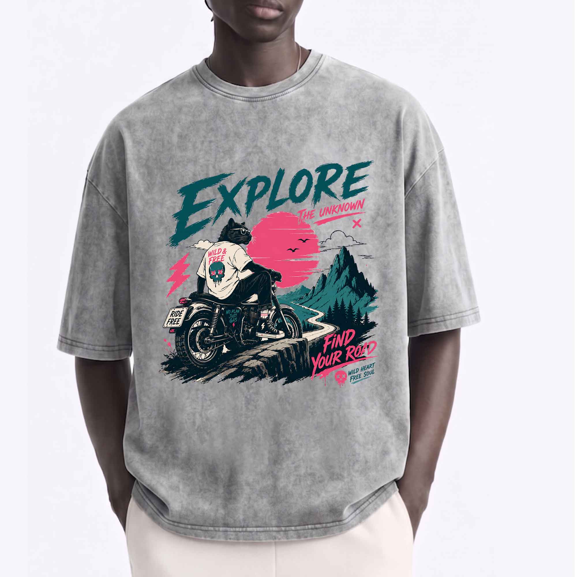 Funny Cool Cat Biker "Explore" Graphic T-shirt