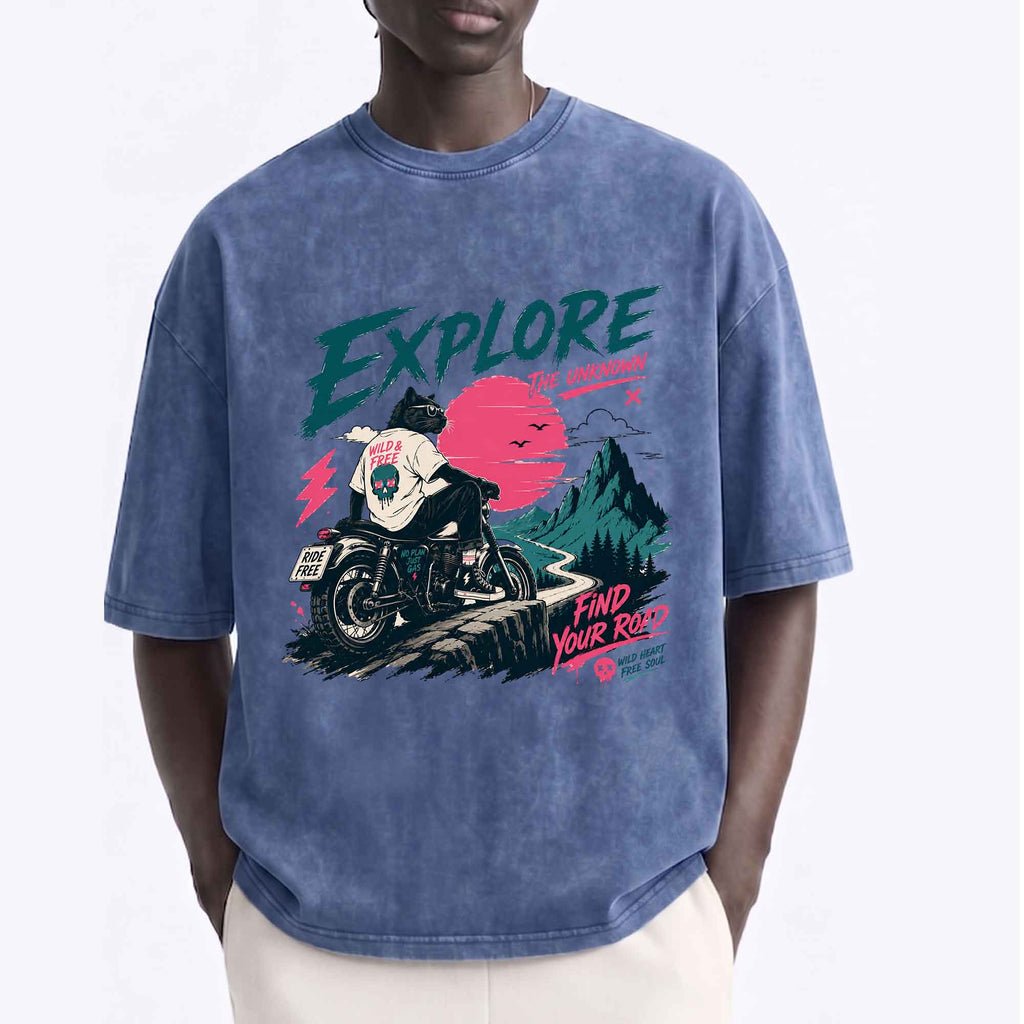 Funny Cool Cat Biker "Explore" Graphic T-shirt