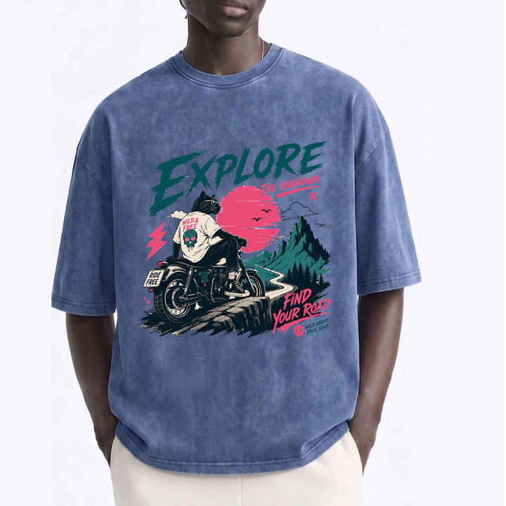 Funny Cool Cat Biker "Explore" Graphic T-shirt