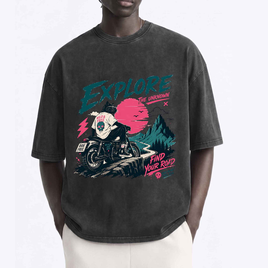 Funny Cool Cat Biker "Explore" Graphic T-shirt