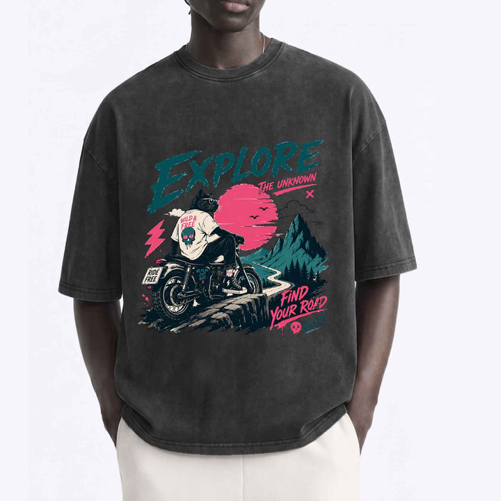 Funny Cool Cat Biker "Explore" Graphic T-shirt