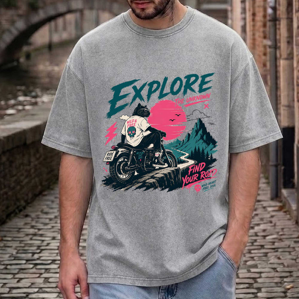 Funny Cool Cat Biker "Explore" Graphic T-shirt