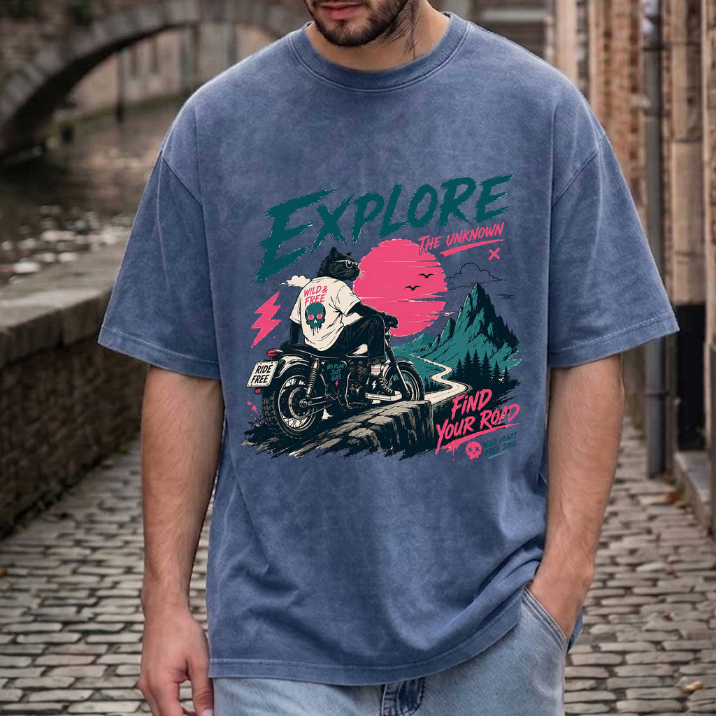 Funny Cool Cat Biker "Explore" Graphic T-shirt