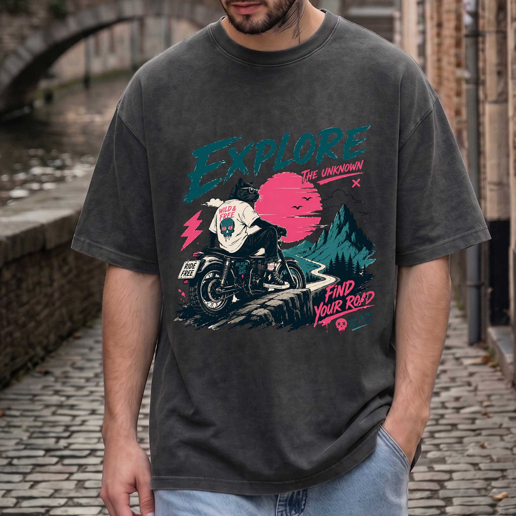 Funny Cool Cat Biker "Explore" Graphic T-shirt