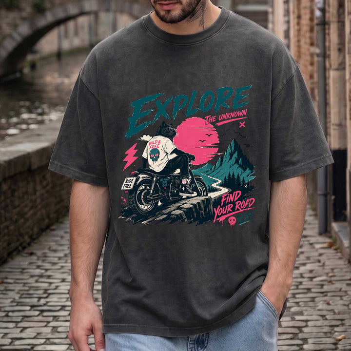 Funny Cool Cat Biker "Explore" Graphic T-shirt