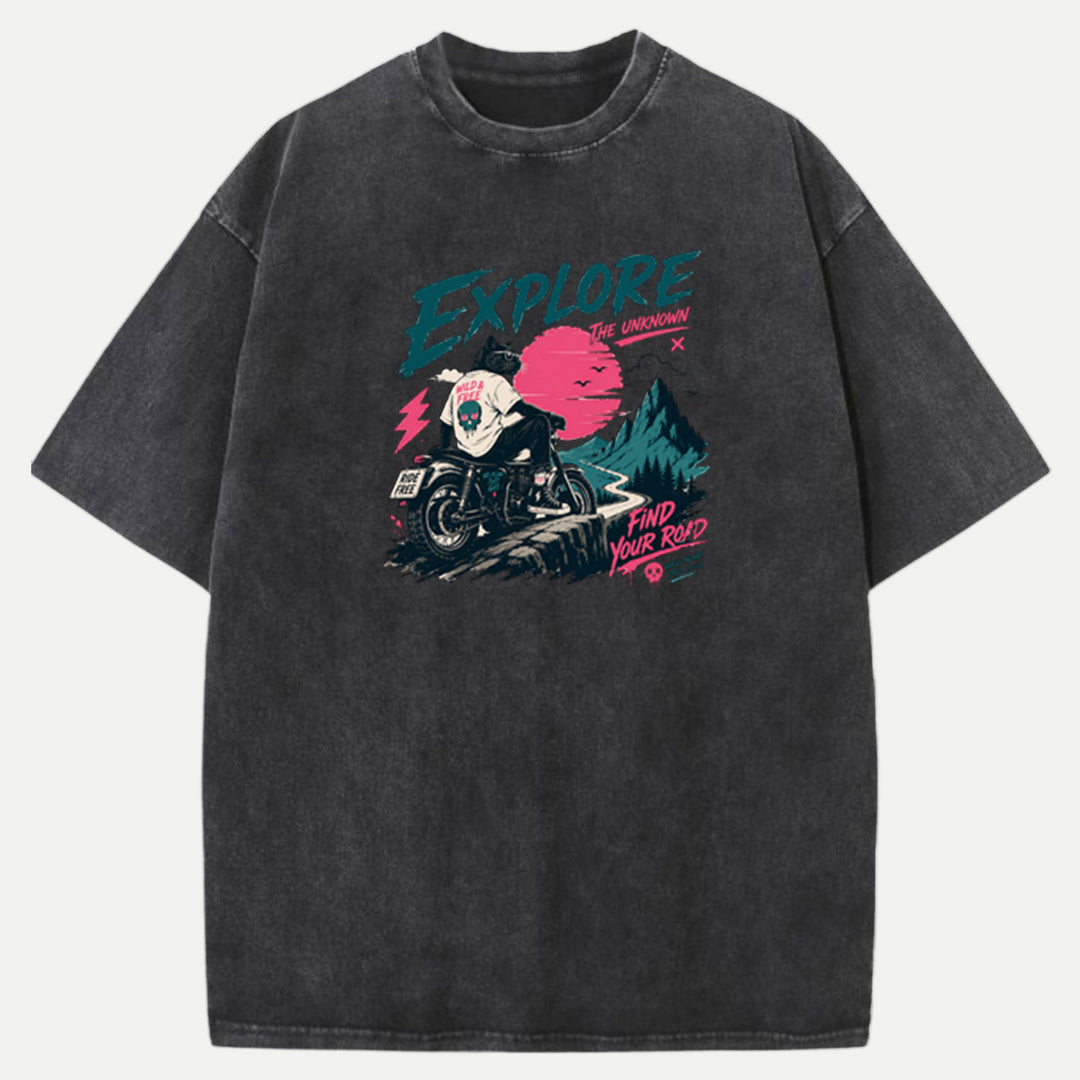 Explore the Unknown Cat Motorcycle vintage T-Shirt