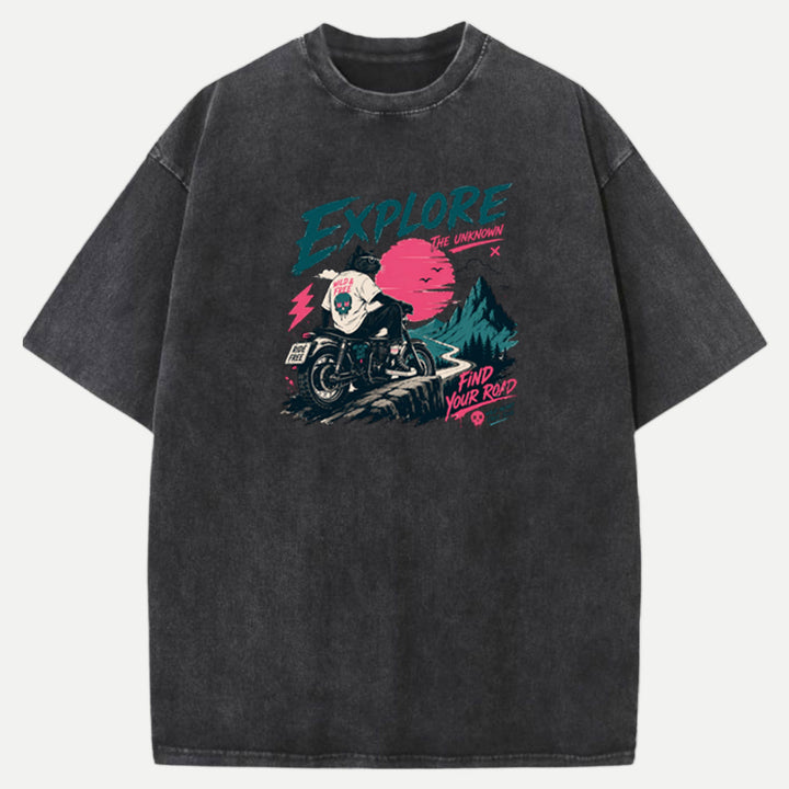 Explore the Unknown Cat Motorcycle vintage T-Shirt