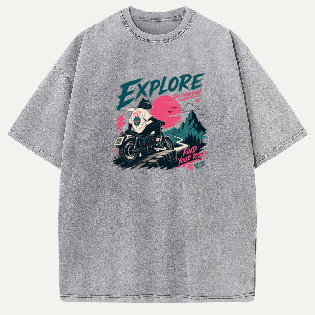Explore the Unknown Cat Motorcycle vintage T-Shirt