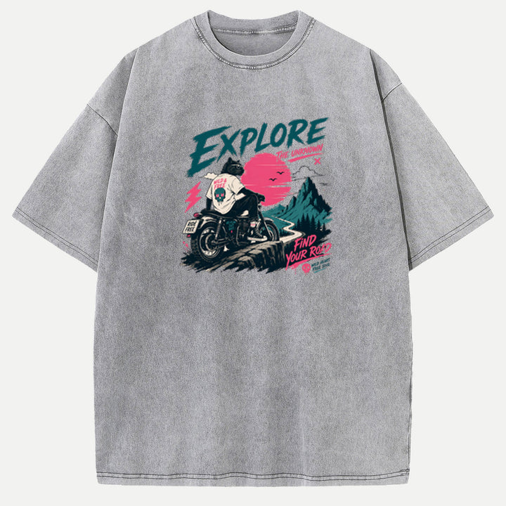 Explore the Unknown Cat Motorcycle vintage T-Shirt