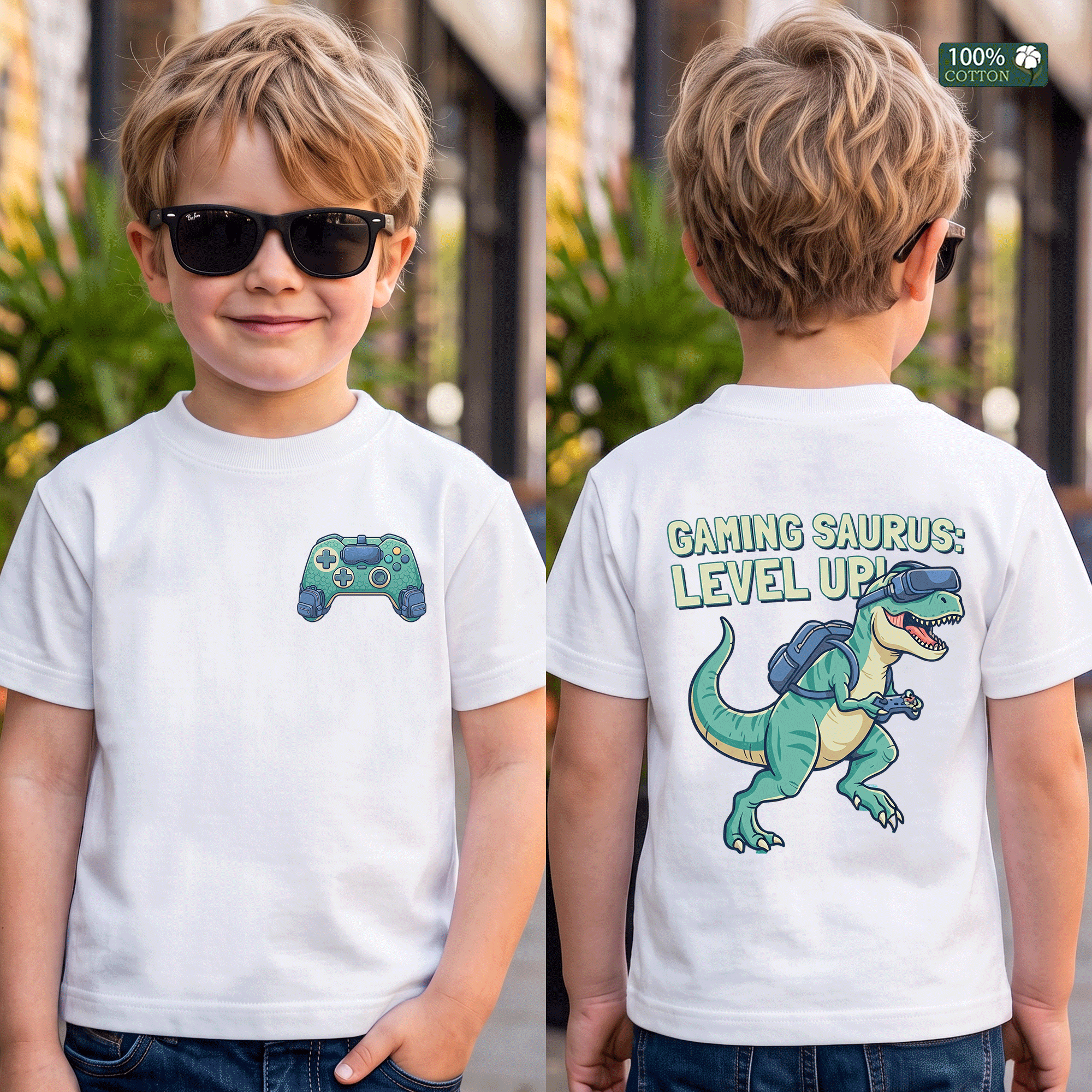 Gaming Saurus Level Up Dinosaur Gamer Kids Tee