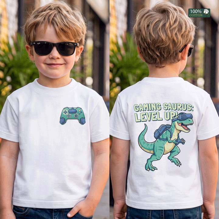 Gaming Saurus Level Up Dinosaur Gamer Kids Tee