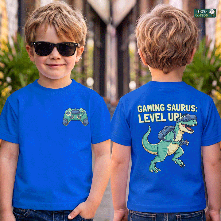 Gaming Saurus Level Up Dinosaur Gamer Kids Tee