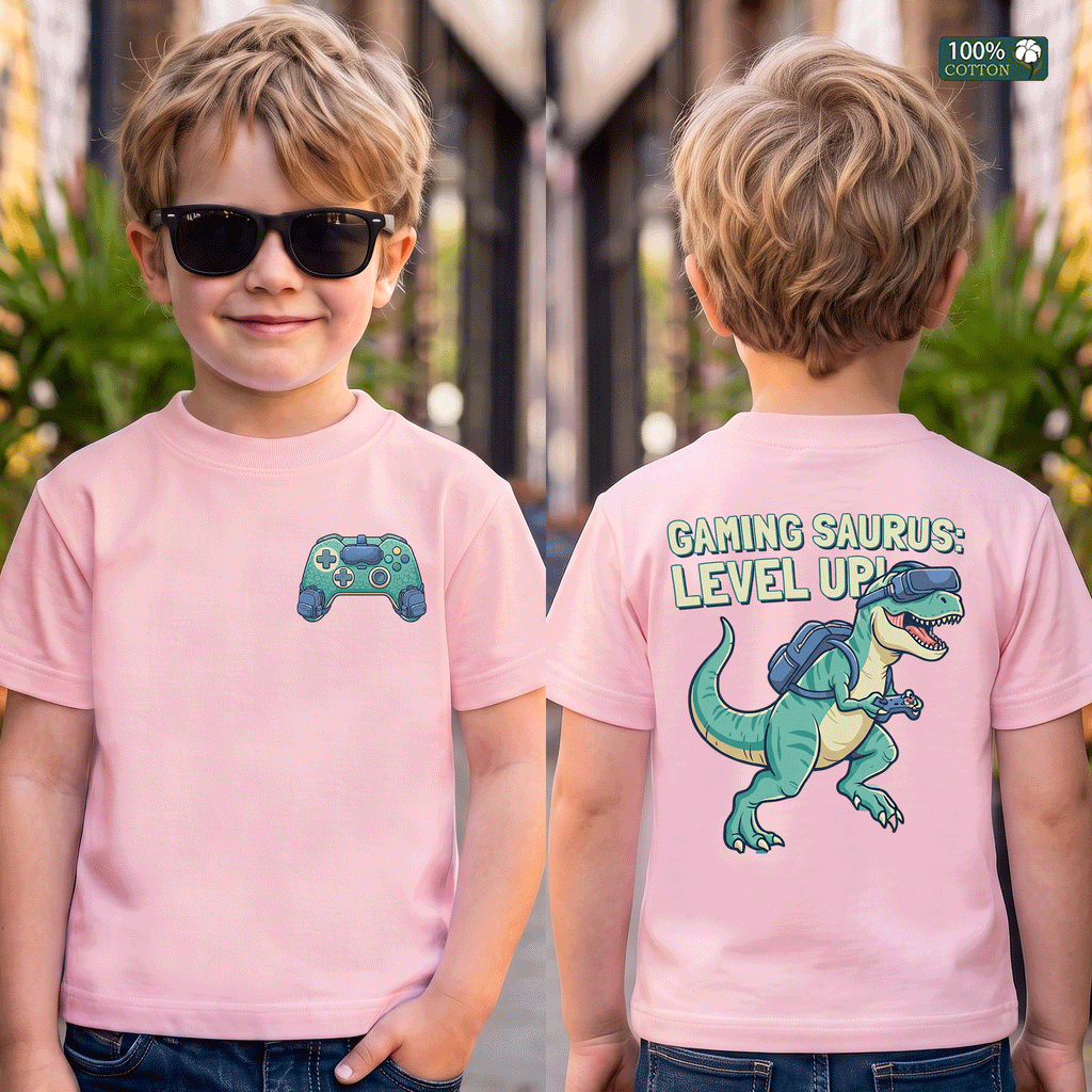 Gaming Saurus Level Up Dinosaur Gamer Kids Tee