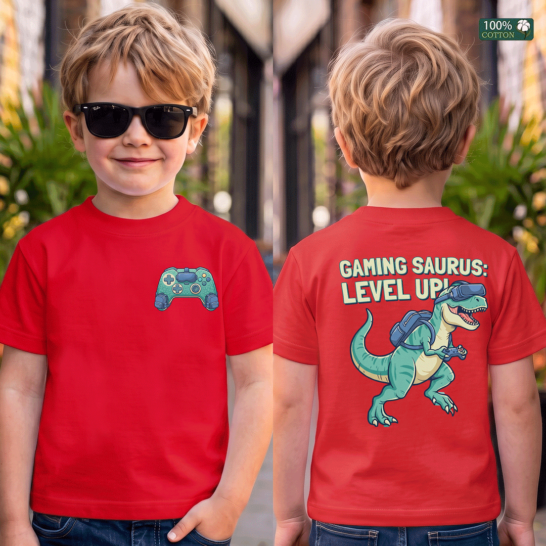 Gaming Saurus Level Up Dinosaur Gamer Kids Tee