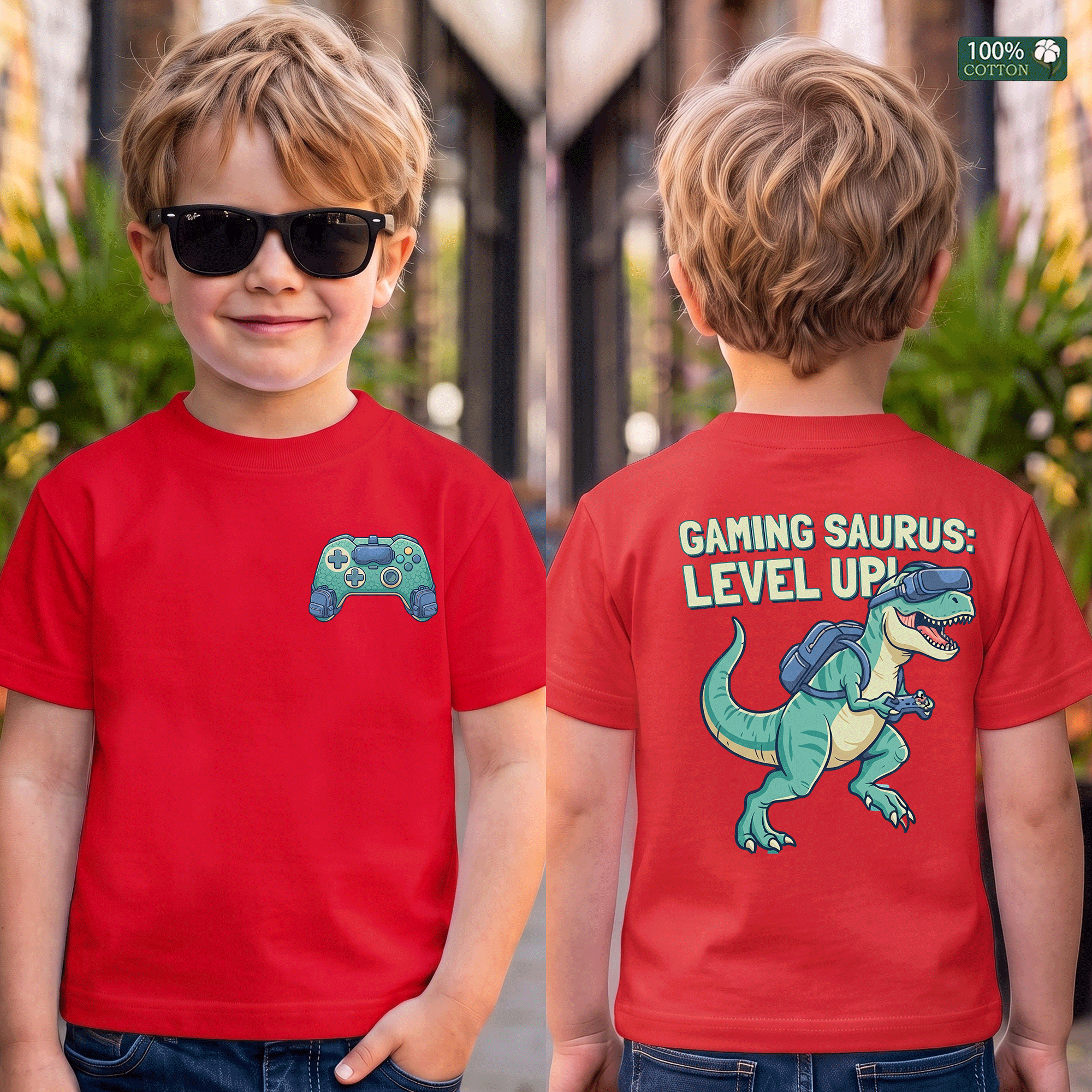 Gaming Saurus Level Up Dinosaur Gamer Kids Tee