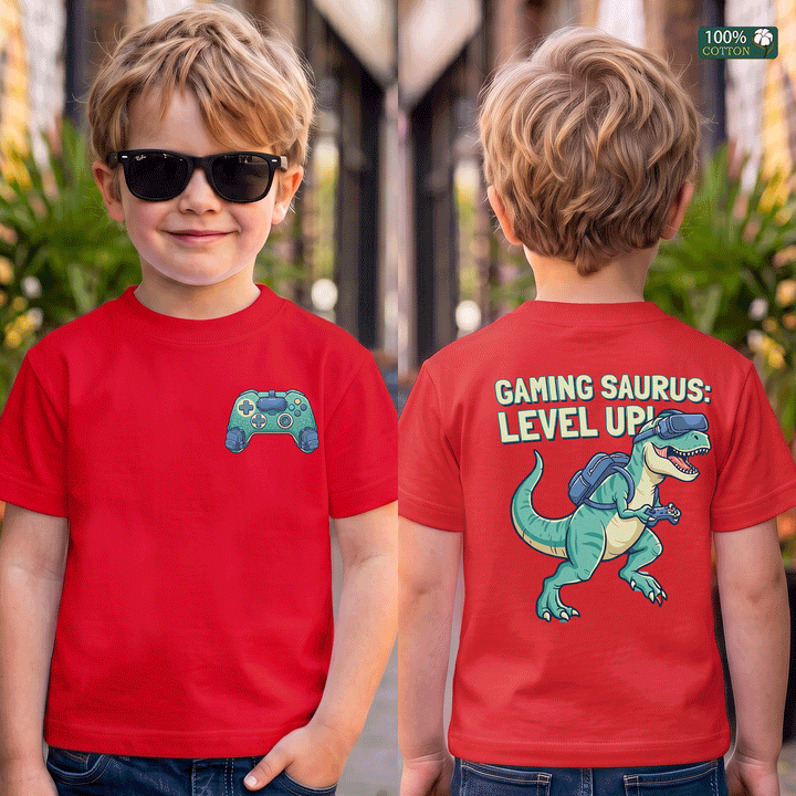 Gaming Saurus Level Up Dinosaur Gamer Kids Tee