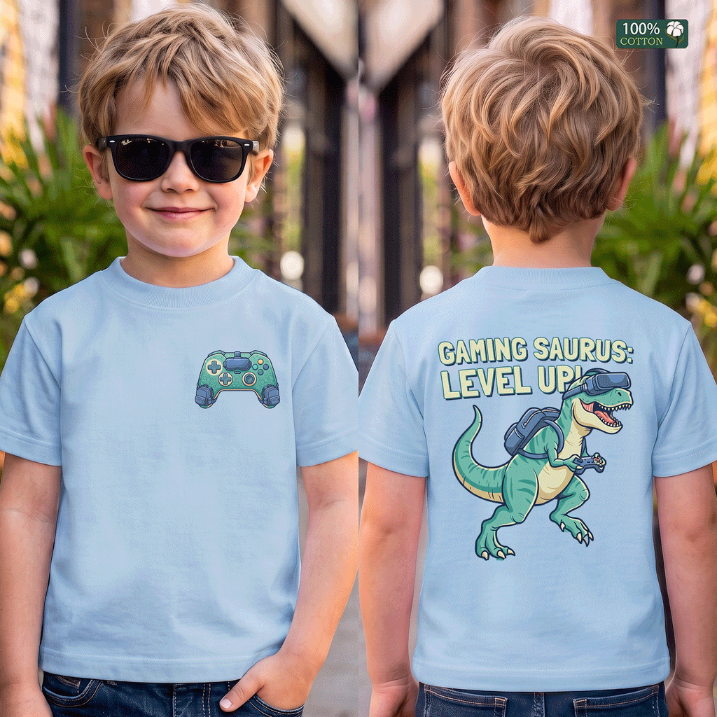 Gaming Saurus Level Up Dinosaur Gamer Kids Tee