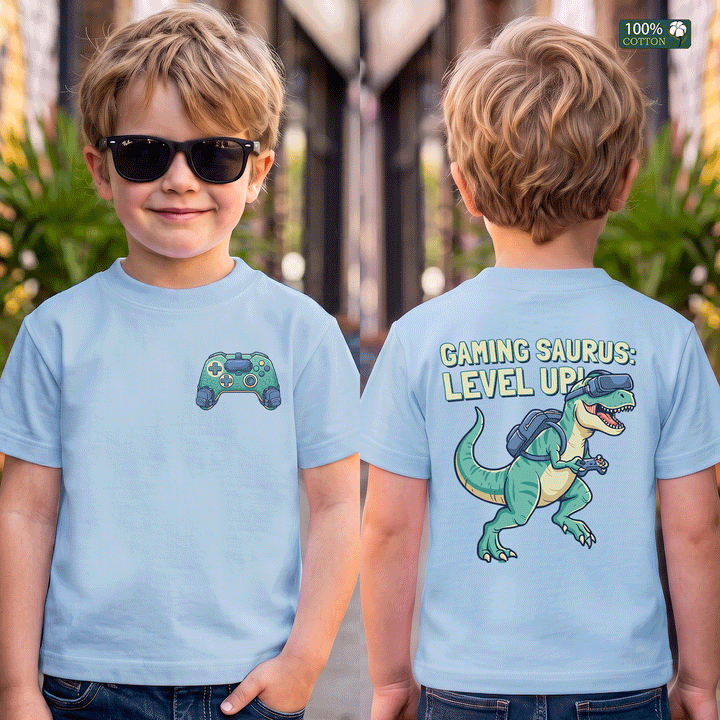 Gaming Saurus Level Up Dinosaur Gamer Kids Tee