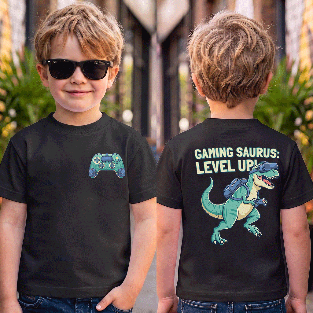 Gaming Saurus Level Up Dinosaur Gamer Kids Tee