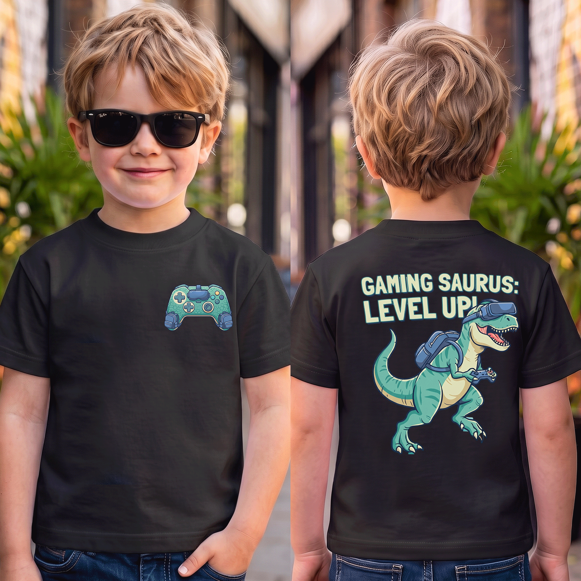 Gaming Saurus Level Up Dinosaur Gamer Kids Tee